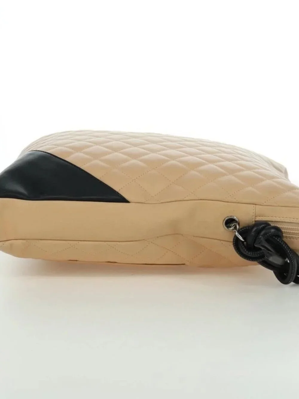CHANEL Cambon Line Matelasse Shoulder Bag Lamb Skin Beige Black CC Auth am10849V
